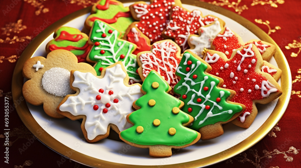 Christmas Cookie Holiday Plate Featuring Tree Gingerbeard. Generative AI