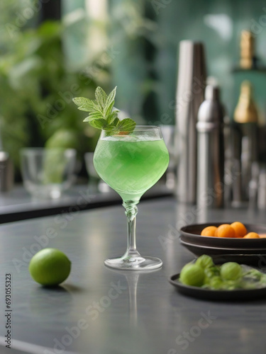 Drink - Cocktail on the table outside seating of a bar , green incredients for the cocktail, summer cocktail, in a luxurious Michelin kitchen style, natural light photo