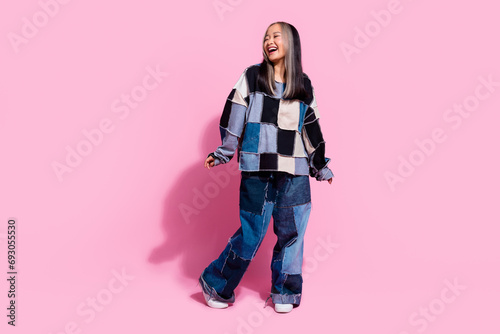Full body portrait of positive pretty malaysian lady have good mood laugh empty space isolated on pink color background