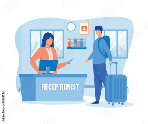 Hotel reception workers provide information to people arriving. flat vector modern illustration 