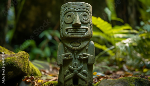 Ancient idol sculpture symbolizes spirituality in tropical rainforest generated by AI photo