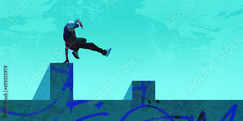Brave active guy doing parkour outdoors  performing stunts  tricks. Street training. Contemporary art collage. Concept of creativity  sport  urban style  hobby  active lifestyle