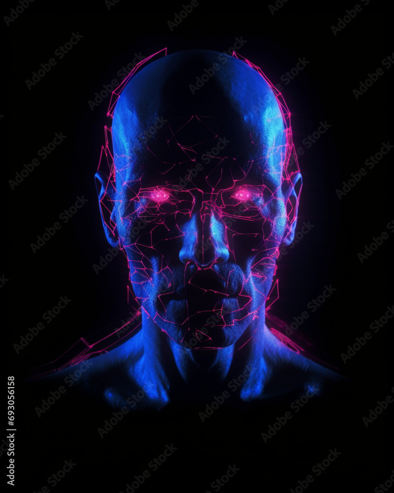 Dual lights cast an intriguing silhouette on a man's head against a sleek black background, creating a striking visual Created using generative AI tools Dual lights cast an intriguing silhouette on a man's head against a sleek black background, creating a striking visual Created using generative AI tools
