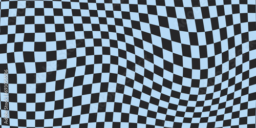 Trendy retro hippie horizontal background in 60s, 70s style. Wave pattern, net, Twisted checkered background. Colorful blue wavy checkerboard inpsychedelic and Y2k aesthetic style. Vector illustration