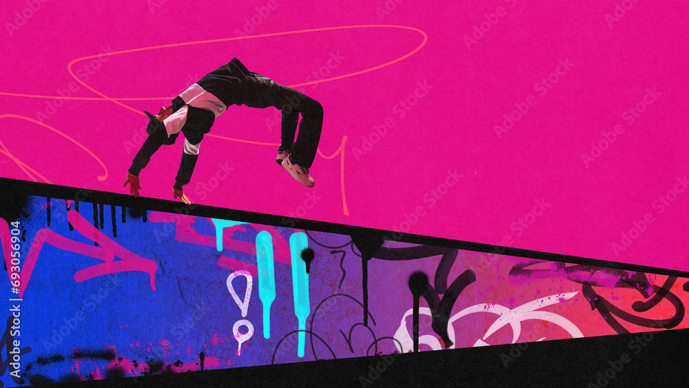 Fototapeta premium Somersault. Acrobatic stunts. Young guy training, practicing parkour tricks over colorful background. Contemporary art collage. Concept of creativity, sport, urban style, hobby, active lifestyle