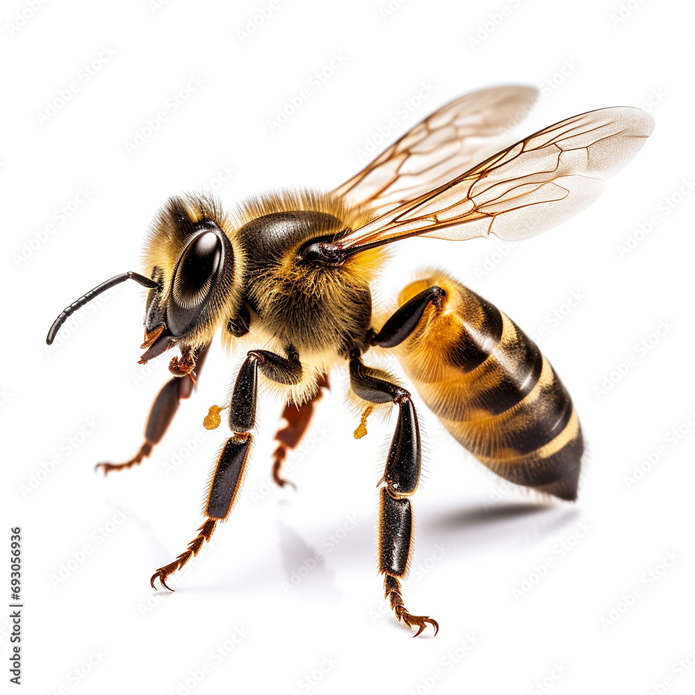A natural bee is flying isolated on a white background A natural bee is flying isolated on a white background