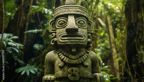 Ancient sculpture in tropical forest embodies indigenous spirituality generated by AI