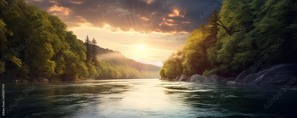 Riverside serenity. Tranquil landscape nature unveils beauty majestic river flowing through lush forest embraced by warmth of setting sun - obrazy, fototapety, plakaty 