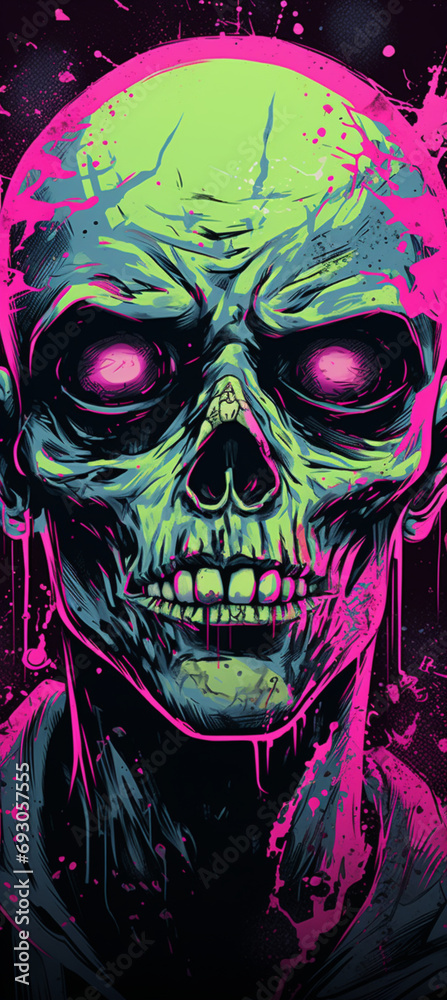 Unleash horror: a terrifying zombie emerges with haunting purple eyes, creating a chilling glow-in-the-dark art piece Created using generative AI tools Unleash horror: a terrifying zombie emerges with haunting purple eyes, creating a chilling glow-in-the-dark art piece Created using generative AI tools