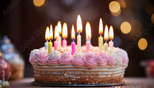 Birthday cake with chocolate icing and candle flame generated by AI