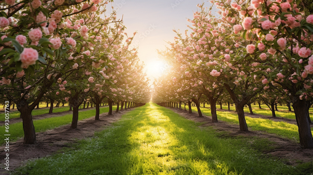 Orchard in full bloom with rows of fruit trees and clear path leading through center, Beauty of agricultural landscapes, AI Generated