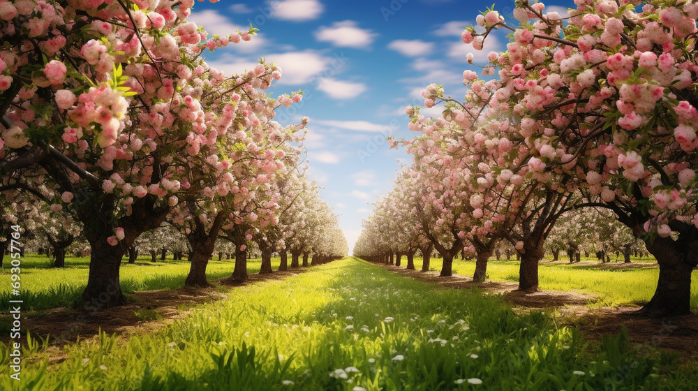 Orchard in full bloom with rows of fruit trees and clear path leading through center, Beauty of agricultural landscapes, AI Generated