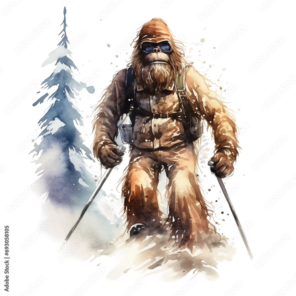 Watercolor bigfoot, yeti, png, Image Sasquatch In ski outfit, with skis and poles, bright image, watercolour style on white background - obrazy, fototapety, plakaty 