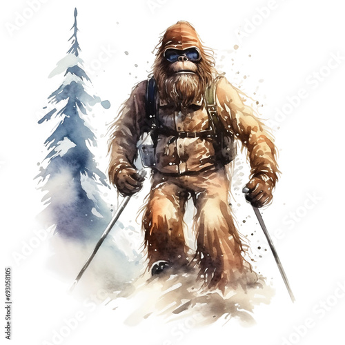 Watercolor bigfoot, yeti, png, Image Sasquatch In ski outfit, with skis and poles, bright image, watercolour style on white background