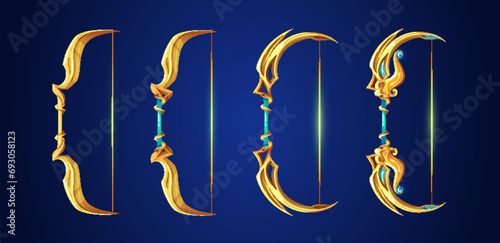 Magic bows game set isolated on background. Vector cartoon illustration of golden weapons with shiny bowstring and handle decorated with blue gemstones, medieval crossbows, hunting tools, game props