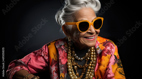 Crazy old granny with gold chain, watch and sunglasses, funny old woman with gray hair, expressive mature and happy smiling grandmother in colorful close-up portrait | Generative AI