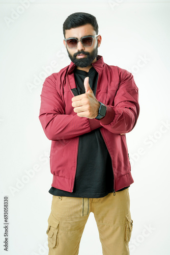 Handsome man in stylish jacket on white background