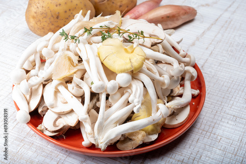 Ingredients for dinner dish with potato and mushrooms with onion. White shimeji edible mushrooms native to East Asia, buna-shimeji is widely cultivated photo