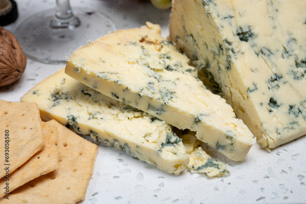 Cheese collection, English cow milk semi-soft, crumbly old stilton blue cheese Cheese collection, English cow milk semi-soft, crumbly old stilton blue cheese