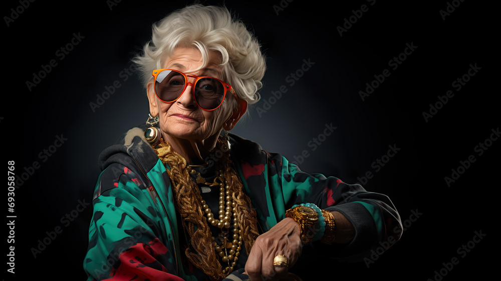 Crazy old granny with gold chain, watch and sunglasses, funny old woman with gray hair, expressive mature and happy smiling grandmother in colorful close-up portrait | Generative AI Crazy old granny with gold chain, watch and sunglasses, funny old woman with gray hair, expressive mature and happy smiling grandmother in colorful close-up portrait | Generative AI