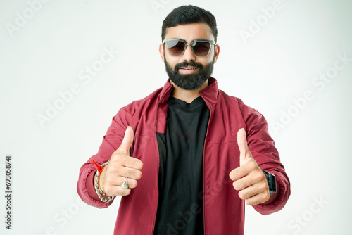 Handsome man in stylish jacket on white background