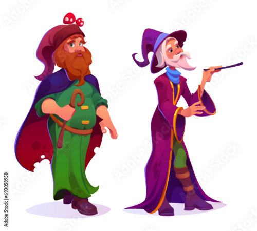 Mystical wizard with witchcraft powers - two cartoon male magician sorcerer. Old man with grey beard in long mantle with magic wand, and forest warlock or woodsman with red hair and mushrooms on hat.