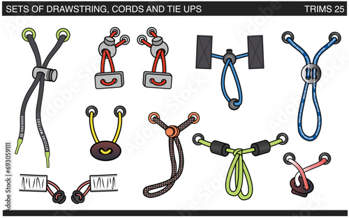 SET OF DRAWSTRINGS, CORDS AND TIE UPS FOR WAIST BAND, BAGS, SHOES, JACKETS, SHORTS, PANTS, DRESS GARMENTS, DRAWCORD AGLETS FOR CLOTHING AND ACCESSORIES VECTOR ILLUSTRATION