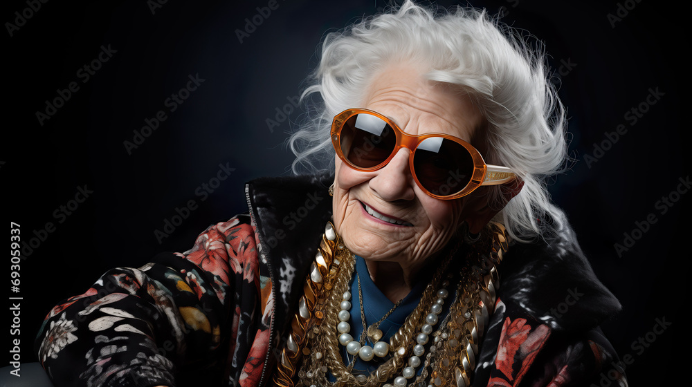 Crazy old granny with gold chain, watch and sunglasses, funny old woman with gray hair, expressive mature and happy smiling grandmother in colorful close-up portrait | Generative AI Crazy old granny with gold chain, watch and sunglasses, funny old woman with gray hair, expressive mature and happy smiling grandmother in colorful close-up portrait | Generative AI