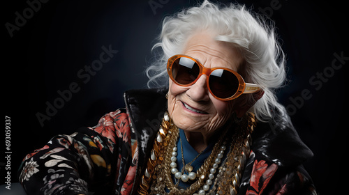 Crazy old granny with gold chain  watch and sunglasses  funny old woman with gray hair  expressive mature and happy smiling grandmother in colorful close-up portrait   Generative AI