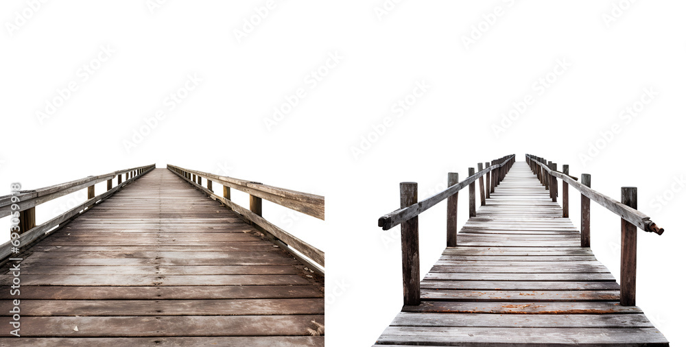 Fototapeta premium Set of Wooden Pier: Uncomplicated Quay Made from Lumber Boards, Isolated on Transparent Background, PNG