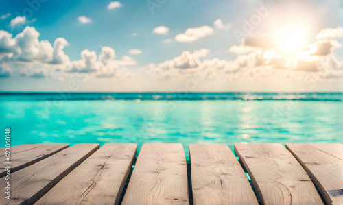 Empty wooden table, blurred summer sea background with copy space for your product