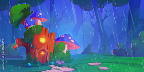 Magic wonderland with fairy wooden house with mushrooms under rain. Cute tiny fantasy home with light in windows and door in forest. Cartoon summer rainy landscape with path to gnome or elf wood hut.