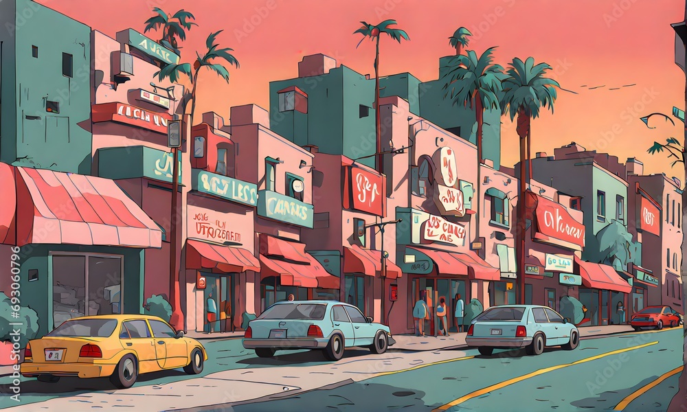 Cartoon-style street scene with iconic flair