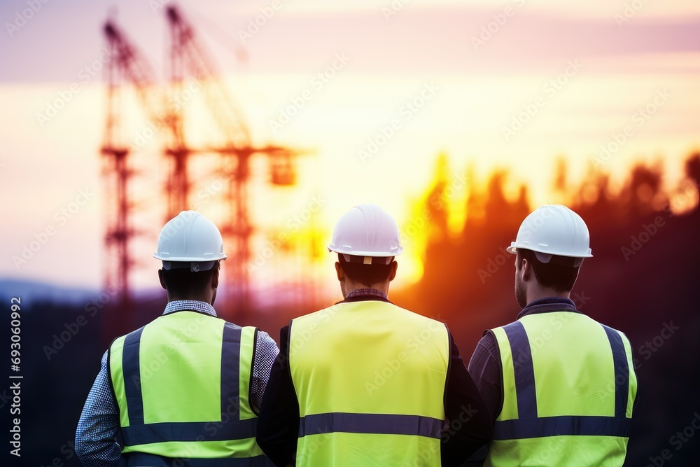 Silhouette teams of business engineers through blurry construction sites at sunset.