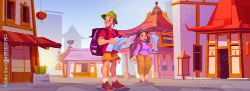 Tourists with maps in chinese city street. Vector cartoon illustration of traditional asian buildings with red lantern decoration, happy man and woman with backpacks go sightseeing, vacation travel