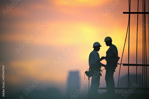 Silhouette teams of business engineers through blurry construction sites at sunset.