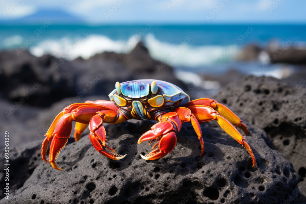 A very colorful Sally Lightfoot Crab sitting on a lava rock in the Galapagos Islands Ecuador with the sea in the background A very colorful Sally Lightfoot Crab sitting on a lava rock in the Galapagos Islands Ecuador with the sea in the background