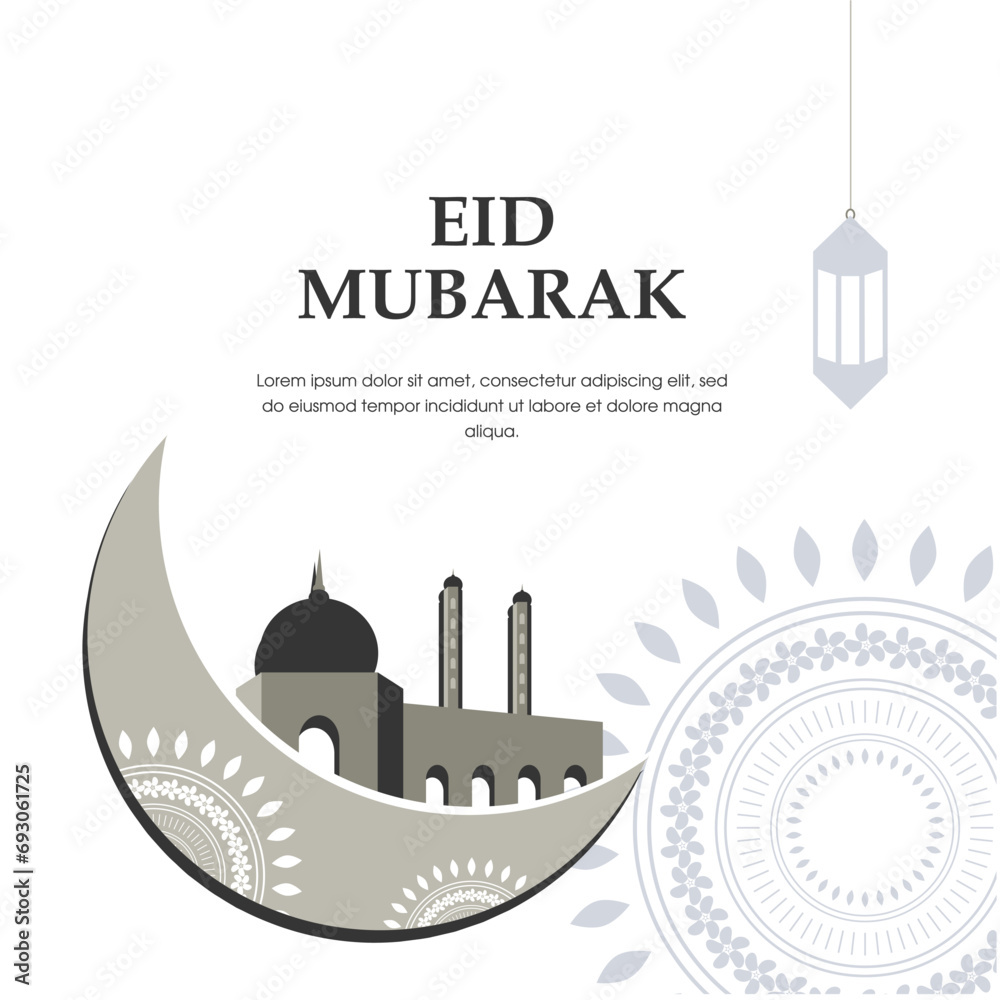 Eid mubarak greetings social media post design. Islamic festival eid wish or greeting background design with stars, crescent, mosque minaret, lantern, sky. Eid ul adha mubarak vector illustration.
