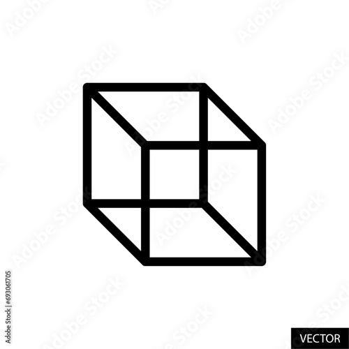 Geometric cube shape vector icon in line style design for website, app, UI, isolated on white background. Editable stroke. Vector illustration.