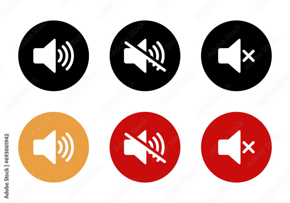Mute speaker icon set collection on circle background. Sound off, silent symbol vector Mute speaker icon set collection on circle background. Sound off, silent symbol vector