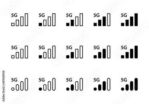 Signal strength bar icon with 5g symbol. Mobile phone network level vector photo