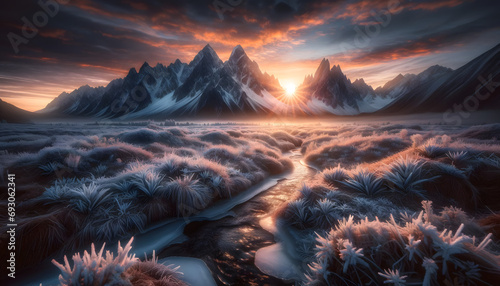 Wallpaper Mural Sunrise over rugged, snow-capped mountains, with orange and pink sky. A small icy stream and frost-covered wildflowers in the foreground contrast the warm sky - AI Torontodigital.ca