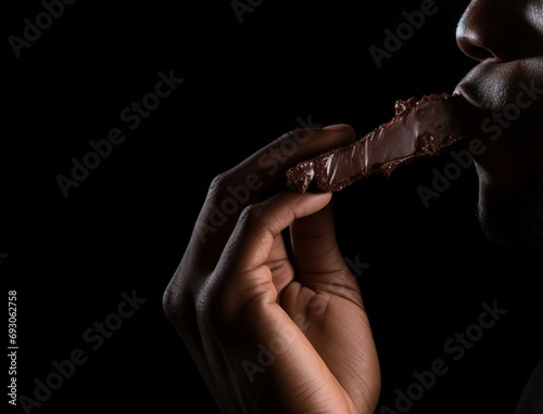 Perfil de un hombre saboreando una barra de chocolate, destacando el placer de un gusto simple