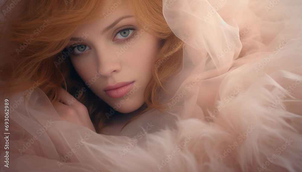 Mystical portrait of a woman with auburn hair enveloped in soft tulle