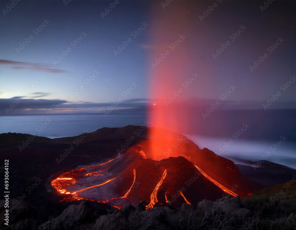 Volcano explosion lava flow night long exposure