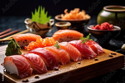 raw salmon sushi set on a japanese plate
