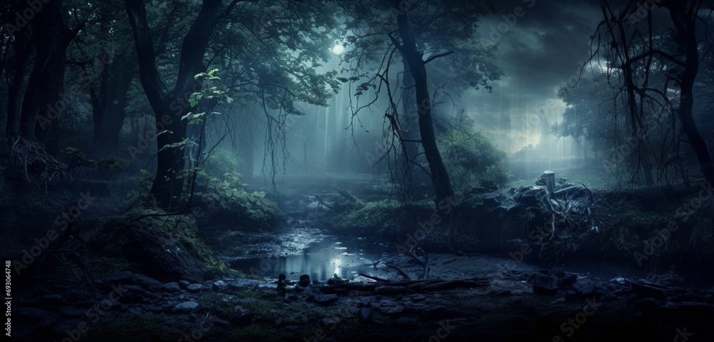 A misty forest illuminated by the soft glow of moonlight, creating an enchanting and mysterious atmosphere.