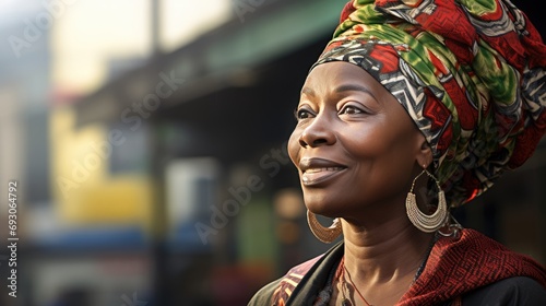African mature woman in traditional clothes portrait. Senior adult black lady traditionally dressed in colorful clothing and head wrap. Black History Month concept.. photo