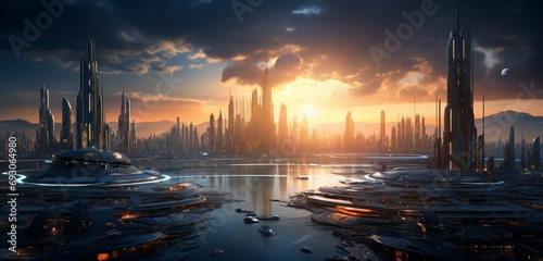 A futuristic city at dawn, with buildings seamlessly transitioning from darkness to daylight