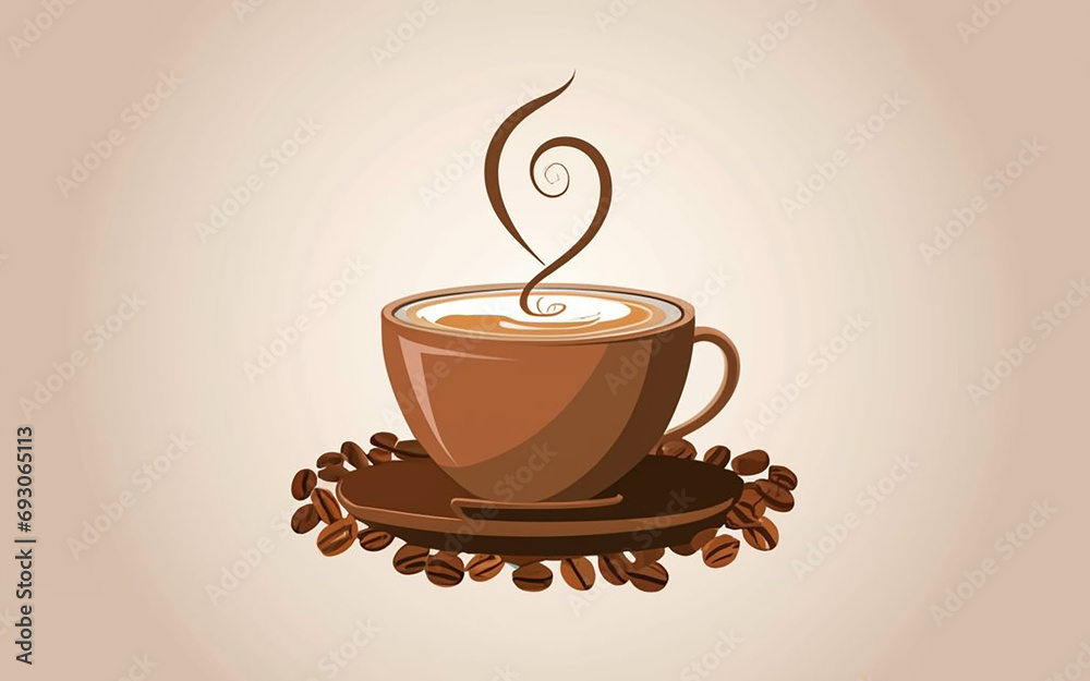 Obraz premium Illustration, Cup of hot coffee with steam, coffee eerns on a brown background.